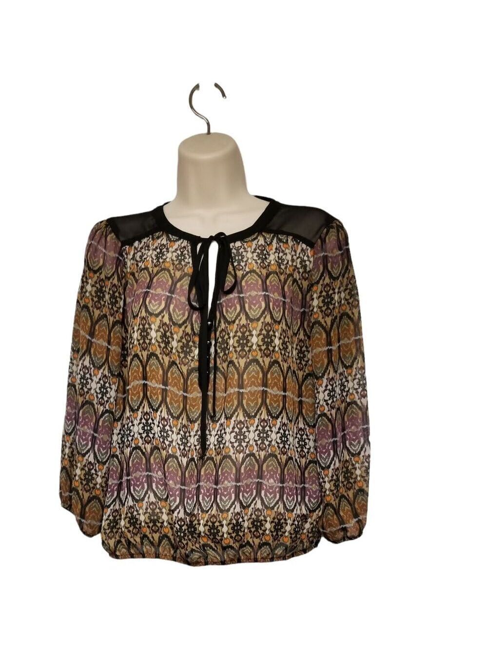 Lily-Rose Sheer Peplum Blouse Size M Boho Top 3/4 Sleeve Color Black & Brown